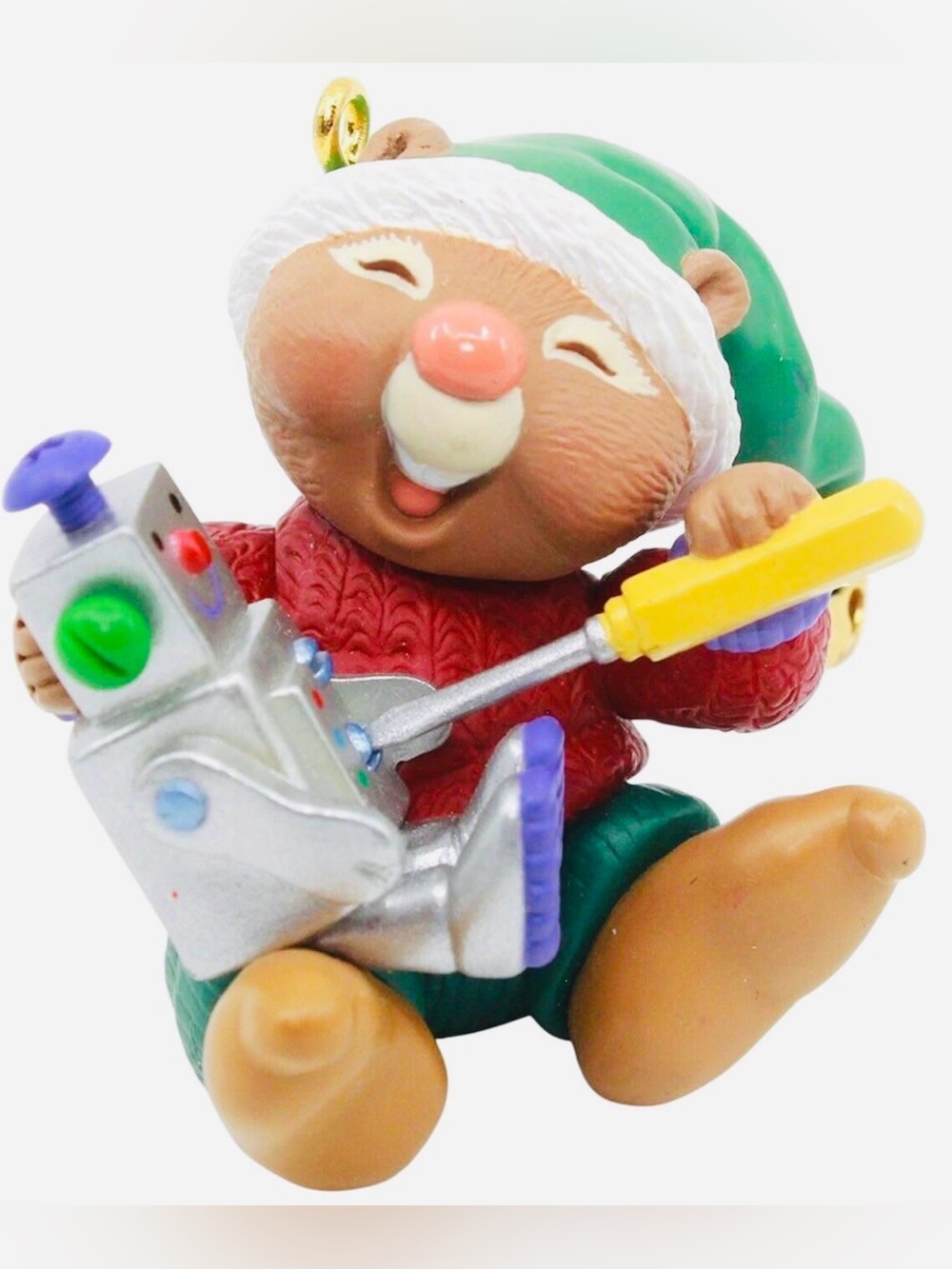 1999 In the Workshop Kids Holiday Bear Toy - Green Hat, Red Sweater Robot